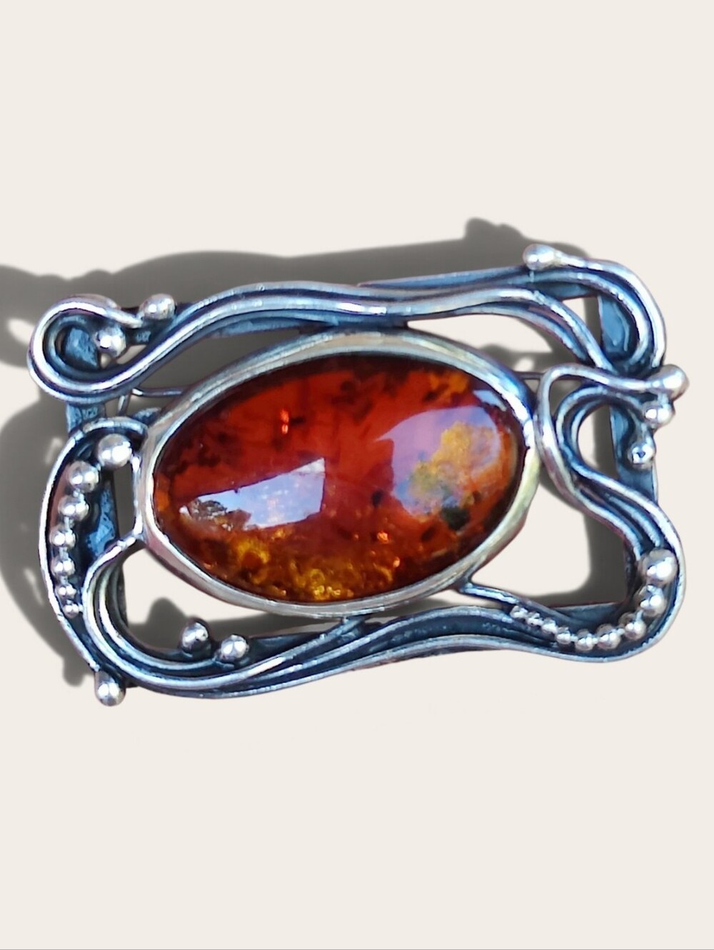 Vintage Sterling Silver Amber Brooch